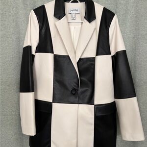 Joseph Ribkoff Black and Cream Block Pattern Leather Blazer
